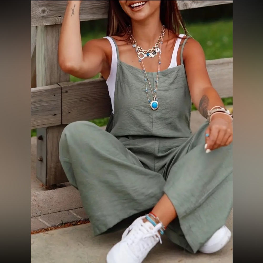 NEW WOMENS COTTON SPAGHETTI STRAPS JUMPSUIT LIGHT GREEN